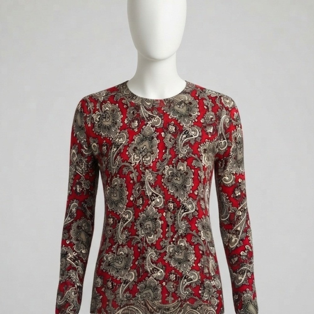 Kim Rogers Womens Red Black White Paisley Long Sleeve Crewneck Sweater M